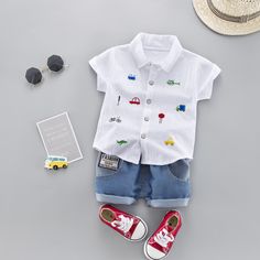 Toddler Boy Clothing Set Short Sleeve Shirt Jeans Cotton Clothing Set – Atom Oracle Casual White Cotton Sets, White Cotton Casual Sets, Cute Cotton Sets With Pockets, Casual Summer Playtime Sets, Casual Sets For Playtime In Summer, Summer Cotton Collared Sets, Family Matching Cotton Shirt For Playtime, Family Matching Cotton Sets With Short Sleeves, Casual Spring Cotton Sets