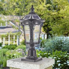 a lamp post in the middle of a garden