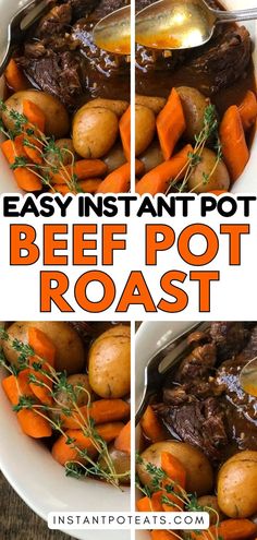 beef pot roast in a white bowl with carrots and potatoes