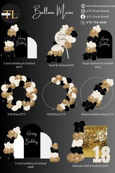 an info sheet with gold and black items for the wedding day, including balloons, cake toppers, and more