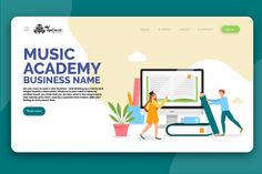 people are standing in front of a computer screen that says music academy business name