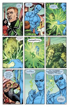 an image of a comic page with blue man in the middle and green man on the bottom