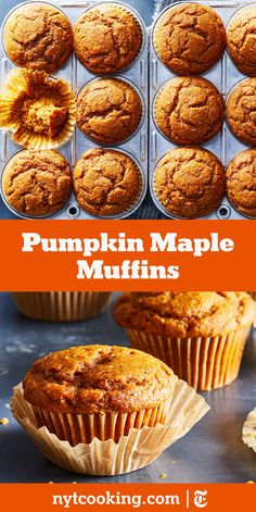 pumpkin maple muffins are in the pan and ready to be eaten with text overlay