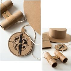 various items made out of cardboard, including a compass and other crafting supplies for kids