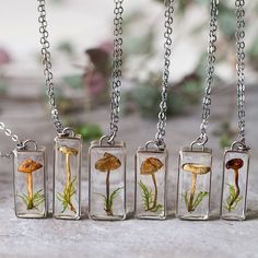 four necklaces with different types of mushrooms in them