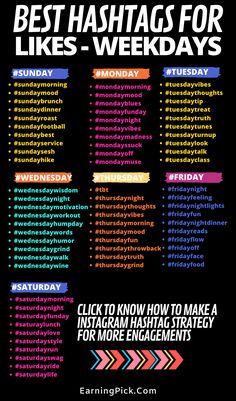 the best hashtags for likes - week on black background with colorful text and arrows