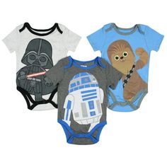 These baby onesies are officially licensed Star Wars merch for infants! Star Wars is one of the greatest film sagas ever! It is never too early to start indoctrinating your child on the lore of Star Wars. Show everyone what a super fan he will become with these onesies! This is a 3-pack with three separate one-piece outfits. These adorable boys' onesies feature wonderful character designs of 3 of the most popular characters from the films, Darth Vader, Chewbacca, and the Droid R2-D2! They have a Star Wars Baby Clothes, Star Wars Onesie, Happy Threads, Star Wars Nursery, Star Wars Merch, Star Wars Design, Star Wars Prints, Pajama Romper, Best Baby Shower Gifts