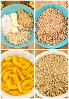 four pictures showing the steps to make peach crisp