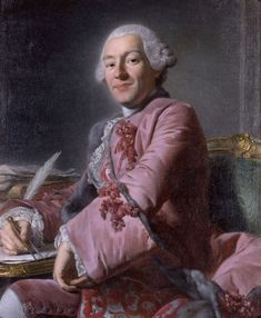 a painting of a man in pink sitting at a table with a pen and paper