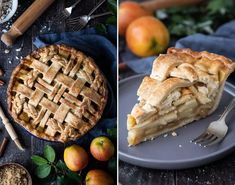 two different views of pies on plates, one with a slice cut out and the other with apples