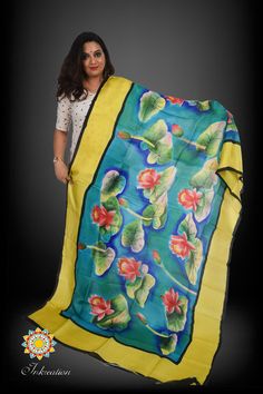 Hand painted floral silk painted dupatta on pure silk. hand made item. Green Chanderi Dupatta With Digital Print, Green Summer Dupatta With Digital Print, Green Digital Print Dupatta For Festivals, Yellow Silk Dupatta With Floral Print, Blue Silk Dupatta With Digital Print, Traditional Silk Dupatta With Digital Print, Green Dupatta With Digital Print For Festivals, Floral Print Katan Silk Dupatta, Traditional Yellow Dupatta With Digital Print