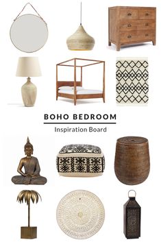 Boho Bedroom Inspiration Board. Create your own retreat at home with this bohemian style bedroom! Featuring a stunning four poster bed made of solid teak wood, a Moroccan style diamond pattern rug and a woven hemp pendant lamp. This look is sure to create a calming and welcoming space that's perfect for rest and relaxation. #bohobedroom #bohobedroomdecor #bohobedroomideas #bohointerior #bohemianbedroom #bohemianhome Bathroom Boho, Chic Bedroom Design, Bedroom Decorating Ideas, Shabby Chic Bedroom, Remodel Bathroom, Style Bedroom, Pattern Rug, Boho Bedroom Decor