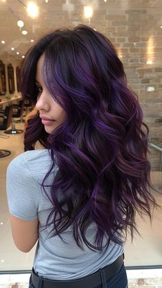 30 Balayage Hair Color Ideas to Brighten Your 2024 Look Long Dark Hair Dye Ideas, Dark Brown Purple Hair Ombre, Galaxy Bayalage Hair, Hair Color Ideas With Dark Base, Highlights Color Ideas For Black Hair, Eggplant Bayalage Hair, Dark Brown To Purple Balayage, Purple Balayage On Dark Hair, Black With Violet Highlights