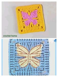 crocheted coasters are shown with different designs