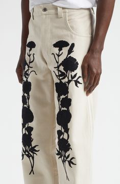 Shadowy floral embroidery blooming vertically up the thighs brings the Australian label's eclectic spirit to all-cotton jeans in a straight-leg silhouette. 31" inseam (size 48 EU) Zip fly with button closure Five-pocket style 100% cotton Dry clean Imported Designer Clothing Trendy Pants Men, Mens Artsy Fashion, Whimsical Mens Fashion, Queer Male Fashion, Quirky Mens Fashion, Draw On Jeans, Creative Embroidery Ideas, Designs On Jeans, Furniture Embroidery