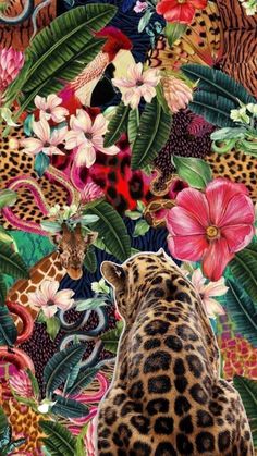 a painting of a leopard surrounded by tropical flowers