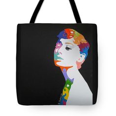 Stylish 16" x 16" Audrey Hepburn art tote that is soft, durable, poly-poplin fabric tote with 1" black strap. All seams are double stitched. Machine washable cold, gentle cycle. Original colorful artwork print. Artistic Black Art For Art Events, Artsy Black Tote Bag, Artistic Black Everyday Bags, Audrey Hepburn Art, Color Swirl, Fabric Tote, Art Bag, Colorful Artwork, Retro Art