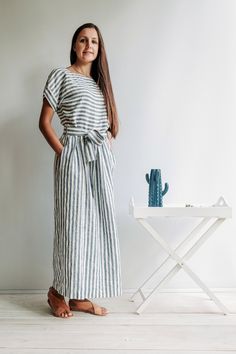 Long Linen Dress with Belt Aurelia Linen Maxi | Etsy Striped Linen Dress For The Beach, Striped Linen Beach Dress, Striped Linen Dresses For Vacation, Summer Striped Linen Dress, Casual Striped Linen Dress, Summer Dress Linen, Summer Dress Beach, Linen Summer Dress, Maxi Summer Dress