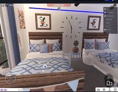 a virtual view of a bed room with blue and white bedspread, pillows and pictures on the wall