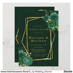 a green and gold wedding card with flowers on the front, featuring an art deco design