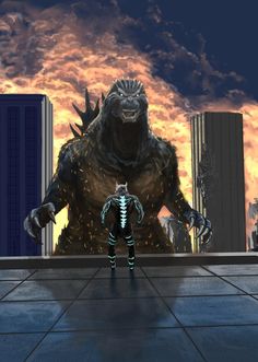 a man standing in front of a giant godzilla