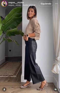 Faux Leather Pants Outfit Fall, Leather Culottes Outfit, Animal Print Flats Outfit, Leopard Ballet Flats Outfit, Animal Print Shoes Outfit, Wide Leg Pants Outfit Fall, Leopard Print Shoes Outfit, Boho Winter Outfits, Pants Outfit Fall