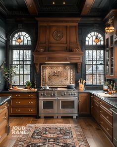 a kitchen with wooden cabinets and an area rug on the floor in front of the stove