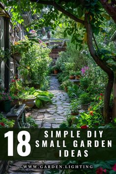 a garden with a path and a bench surrounded by plants Small Side Gardens, Small Cottage Garden Ideas Backyards, Tiny Corner Garden Ideas, Magical Small Garden, Tiny Square Garden Ideas, Small Side Garden Ideas, Uk Small Garden Ideas, Small Whimsical Garden, Small Flower Garden Design