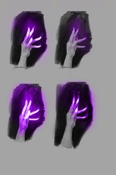 four different images of a person's hand with purple light