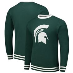 Sport retro fashion in cooler weather with this Michigan State Spartans Renew Knit Vintage Pullover Sweater by Uscape Apparel. It features traditional rib-knit striping that accentuates the team name knitted across the front. Made from 100% recycled yarn, this Michigan State Spartans sweater is a sustainable and classic way to support your favorite team. University Of Michigan Sweatshirt, Michigan State Spartans Football, Michigan State Apparel, Vintage University Of Michigan, Michigan Apparel, Vintage Pullover, Vintage Pullovers, Michigan State Spartans, Recycled Yarn