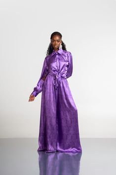 Elegant Purple Satin Bottoms, Silk Wide-leg Pants, Elegant Purple Wide-leg Pants, Elegant Wide Leg Purple Pants, Chic High-waist Wide Leg Silk Pants, Chic High Waist Silk Wide Leg Pants, Fitted Silk Bottoms With Elastic Waistband, Silk Wide Leg Pants With Elastic Waistband, Wide Leg Silk Pants With Elastic Waistband