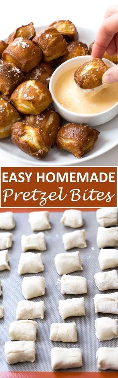 homemade pretzel bites on a baking sheet with dipping sauce in the middle and an easy homemade pretzel bites recipe