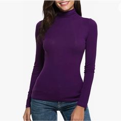 Never Worn. Fit Seems Bigger Than A Medium To Me Trendy Purple Turtleneck Top, Trendy Fall Tops From Amazon, Amazon Casual Tops For Fall, Amazon Tops, Purple Long Sleeve, Mock Neck Top, Color Purple, Mock Neck, Long Sleeve Tees