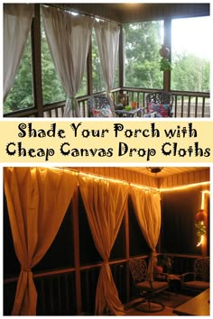 a porch with curtains and string lights on the outside, and an image of a patio covered in white drapes