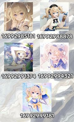 four anime characters with different expressions and numbers on them, all showing the same character's name