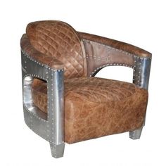 a brown leather chair with silver studding on the armrests and back rest