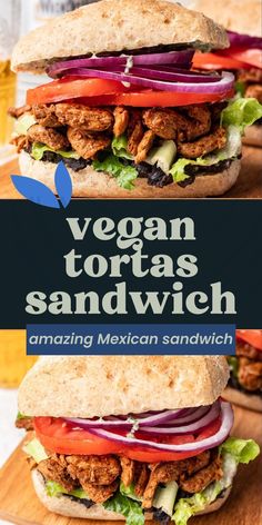 This Vegan Mexican Tortas Sandwich is layered with flavor and texture! Featuring vegan carne asada from soy curls, creamy refried beans, and fresh toppings, this hearty Mexican sandwich is a satisfying and flavorful plant-based meal everyone will love.