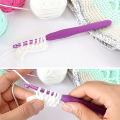 two pictures showing how to crochet the ends of yarn with knitting needles and balls of yarn in the background