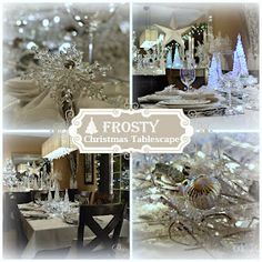 a collage of christmas tablescapes with frosty decorations