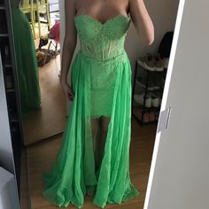 Nwt. Small Defect On Zipper As Shown In Photo (Easily Fixed) Green Floor-length Dress With Sheer Bodice, Green Prom Dress With Sheer Bodice, Green Floor-length Evening Dress With Sheer Bodice, Green Evening Dress With Sheer Bodice, Green Prom Gown With Sheer Bodice, Embellished Green Maxi Evening Dress, Green Evening Dress With Sheer Bodice For Prom, Embellished Green Maxi Length Evening Dress, Green Homecoming Evening Dress With Sweep Train