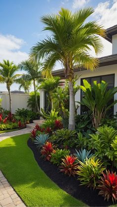 tropical landscaping with palm trees and flowers in front of a white house on a sunny day