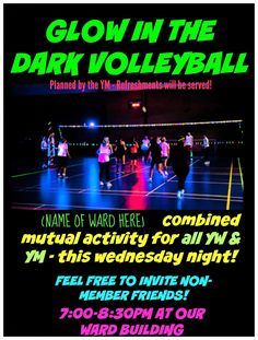 glow in the dark volleyball tournament flyer with people playing tennis on an indoor court at night