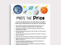 a poster with the words pass the prize in front of an image of planets and stars