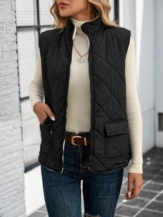 Black Casual Gilet Streetwear Fashion Padded Coat For Women, Autumn/Winter Black Casual  Sleeveless Woven Fabric Plain vest Non-Stretch  Women Clothing, size features are:Bust: ,Length: ,Sleeve Length: Plain Vest, Chaleco Casual, Outerwear Women Winter, Streetwear Mode, Chic Fall Outfits, Coat For Women, Clothing Patches, Outfit Inspiration Fall, Padded Coat