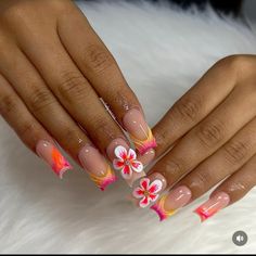 Pink And Yellow Nails Design, Summer Nails 2025, Colorful Vacation Nails, Caribbean Nails Designs, Cruise Nails Caribbean, Caribbean Nails, Summer French Tip Nails, Memorial Day Nails