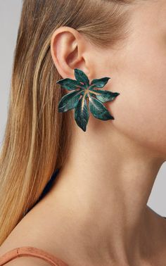 Bold brass foliage is hand-painted with washes of pigment and metallic gold detail. Sterling silver posts. Nickel and lead free. 2" [5 cm] long. Violet Earrings, Metal Art Jewelry, Weird Jewelry, Bali Earrings, Night Garden, Classy Jewelry, Fashion Jewelry Earrings, Polymer Clay Art, Brass Jewelry