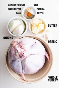 a whole chicken in a bowl with ingredients labeled on the side, including eggs, butter, garlic and ground mustard