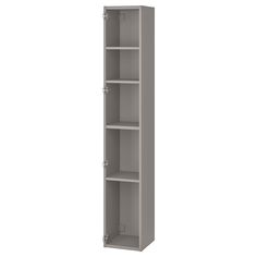 a tall bookcase with three shelves on each side and one door open to reveal the bottom shelf