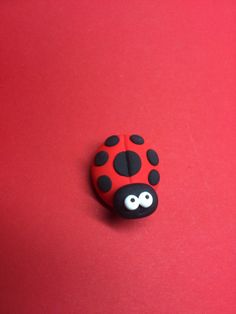 a red and black ladybug brooch sitting on top of a red surface