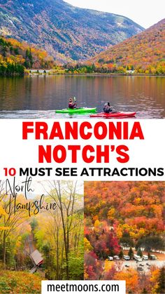 two canoes on the water with mountains in the background and text overlay that reads franconia notch's 10 must see attractions